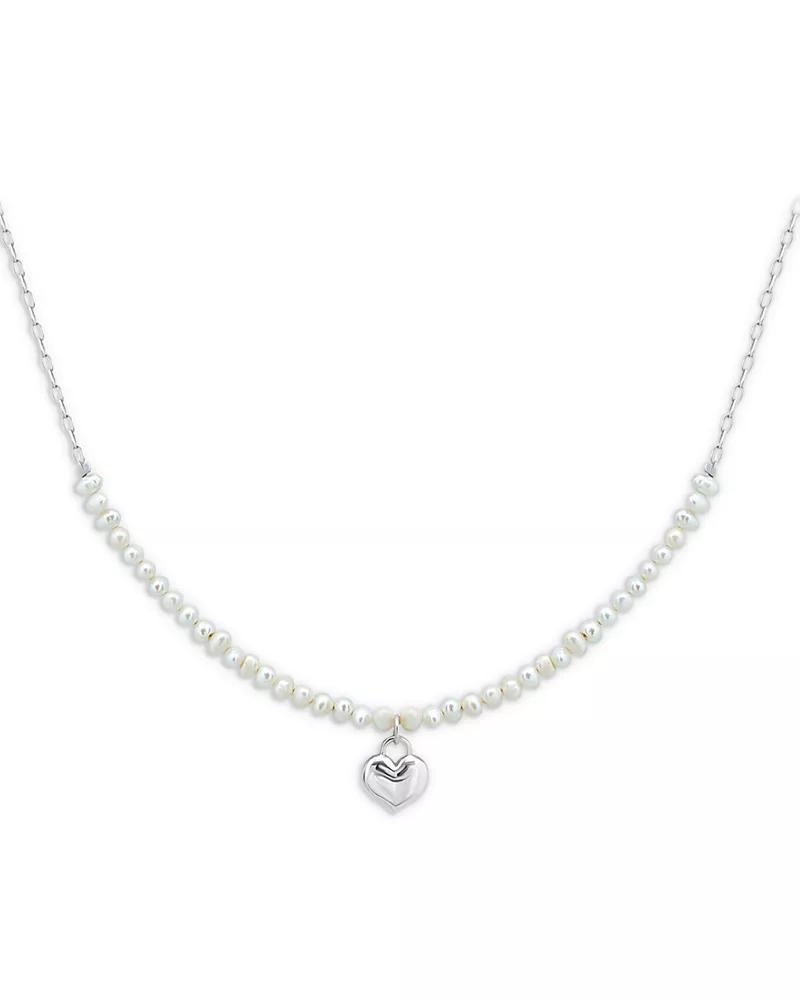 Aqua Heart & Cultured Freshwater Pearl Pendant Necklace in Sterling Silver, 16