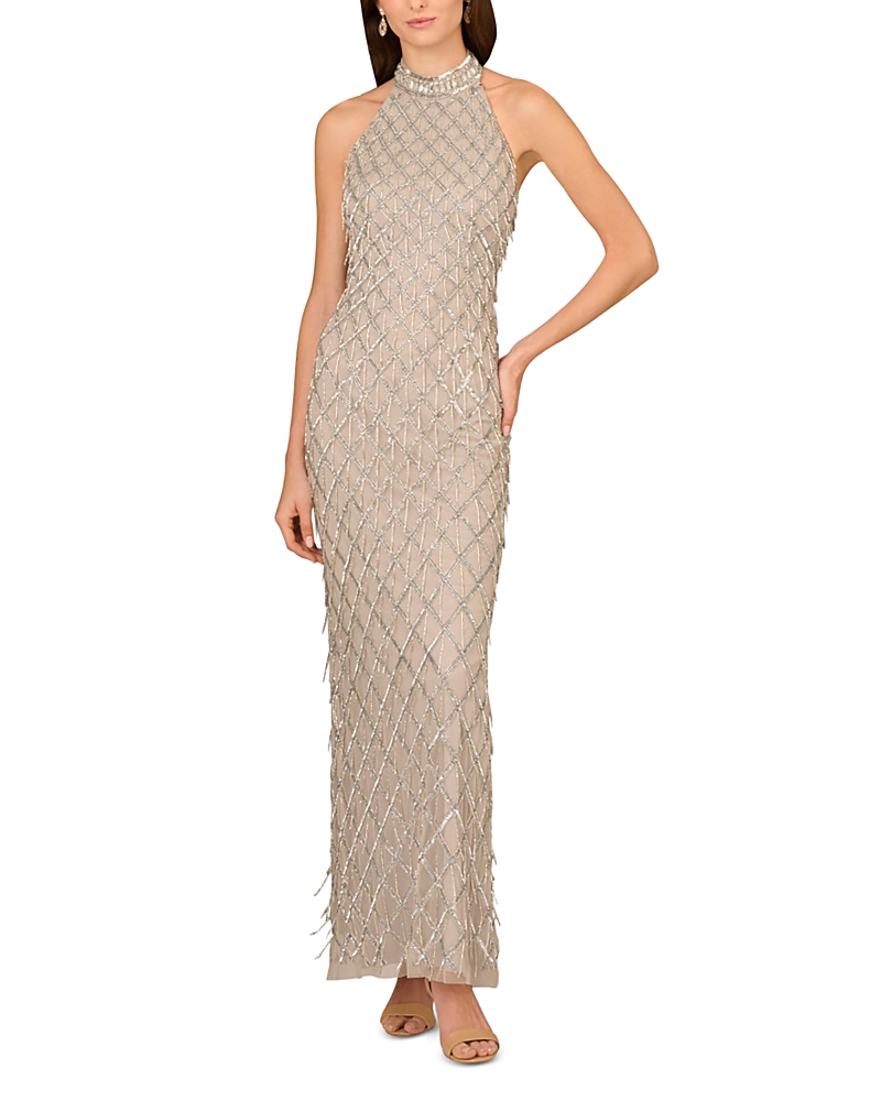 Aidan Mattox Beaded Halter Column Gown In Silver