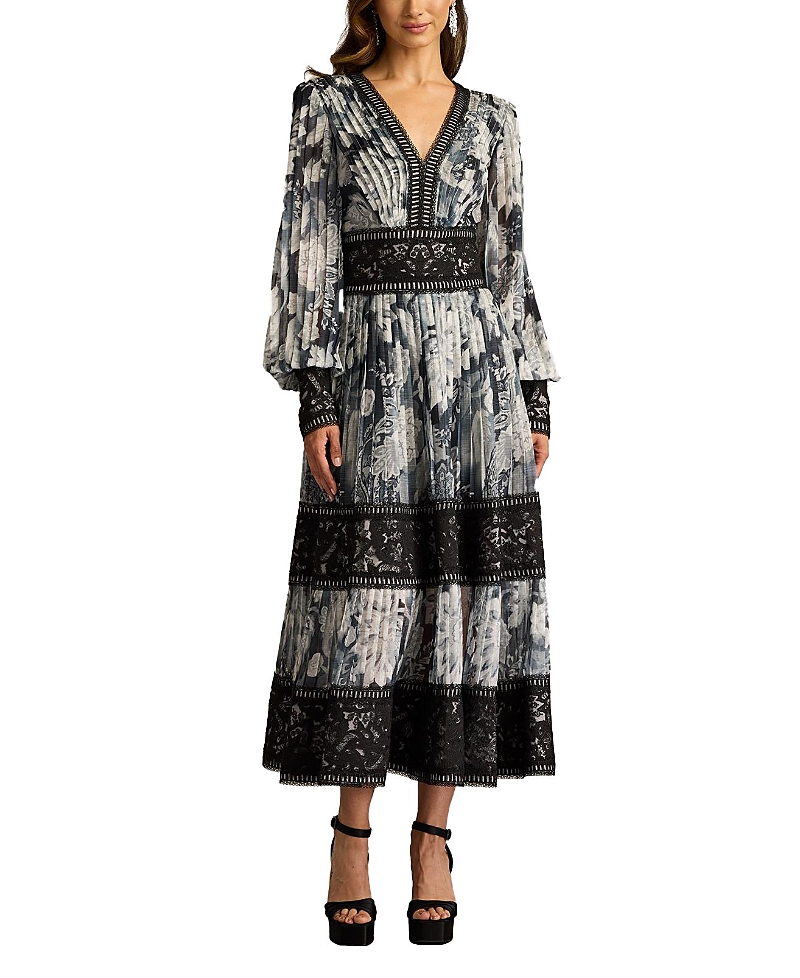 Tadashi Shoji Floral Lace Detail Metallic Thread Long Sleeve Cocktail Midi Dress In Black/ivory