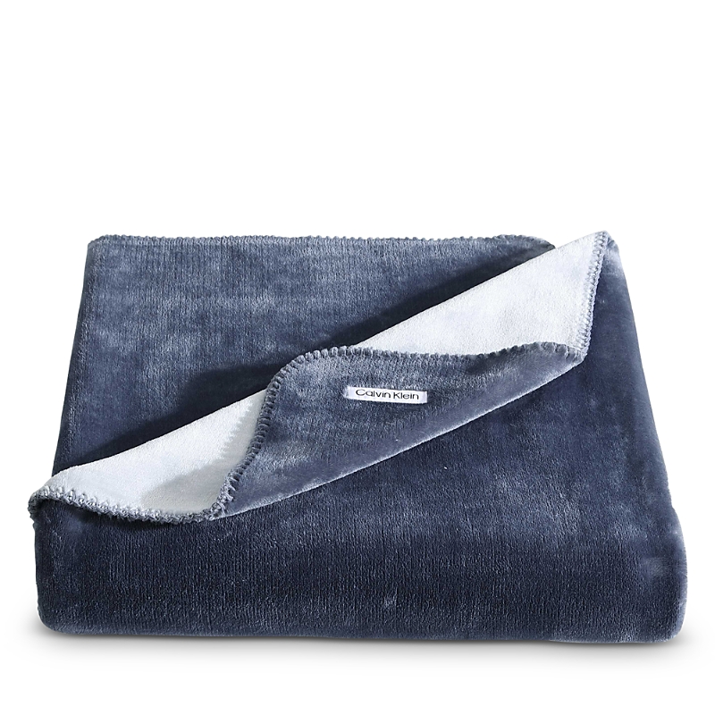 Calvin Klein Modern Solid Reversible Throw Blanket, 70" X 50" In Slate Blue/ Dawn Blue
