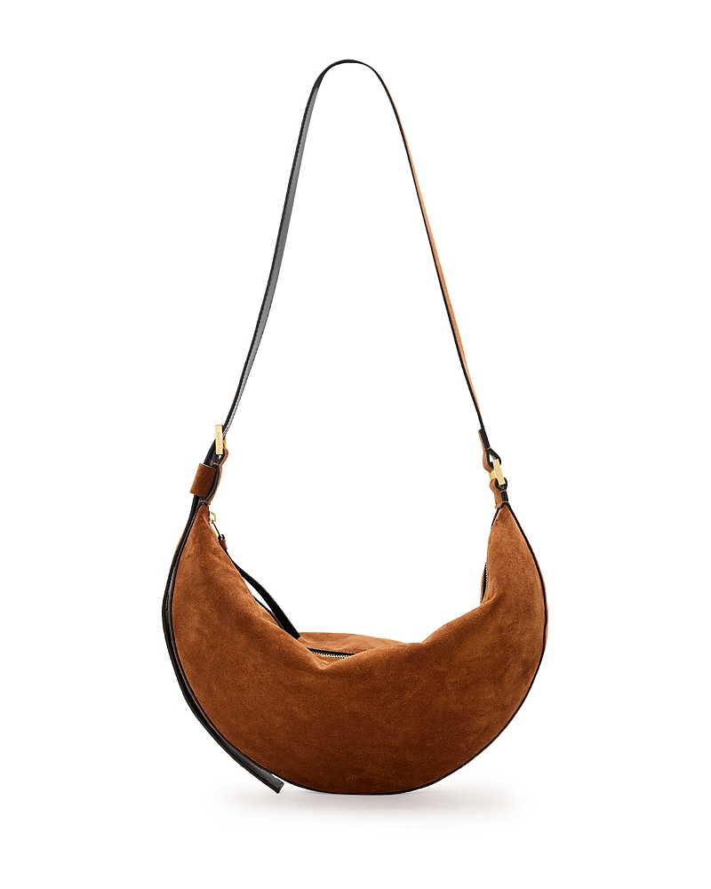 Shop Allsaints Halfmoon Suede Shoulder Bag In Cognac Brown