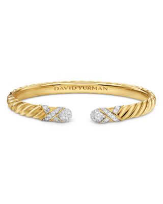 Sculpted Cable X Cuff Bracelet in 18K Yellow Gold with Diamonds, 6mm