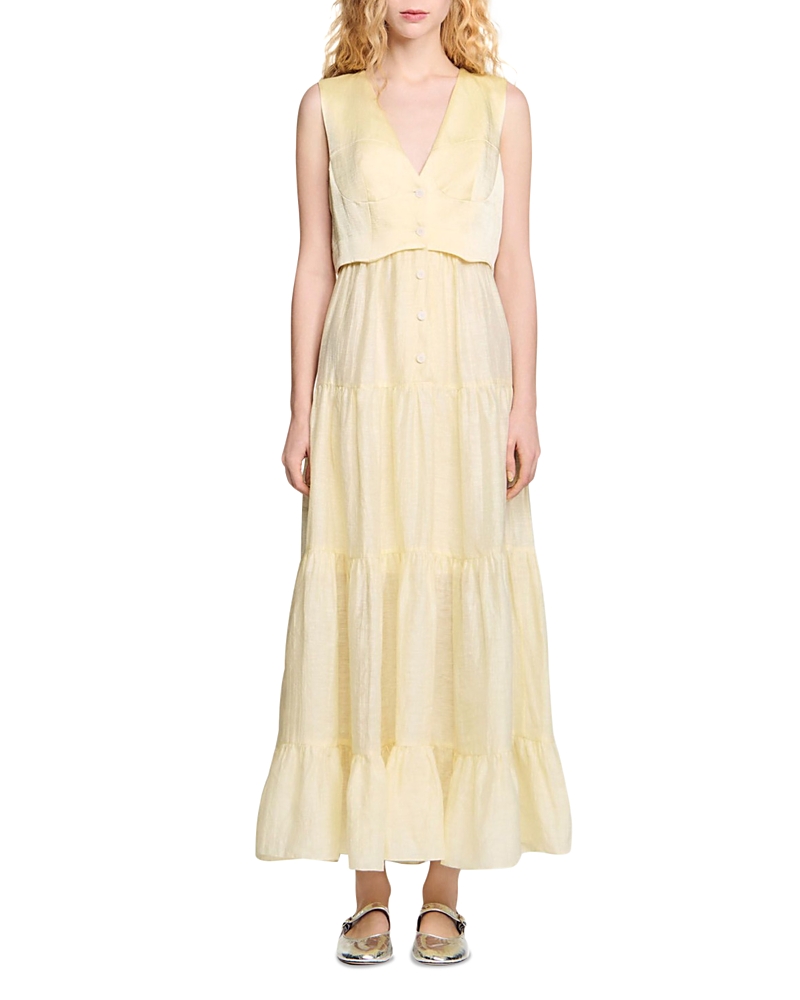 Sandro Womens V-neck Pleated-skirt Woven Maxi Dress Naturels In Light Yellow