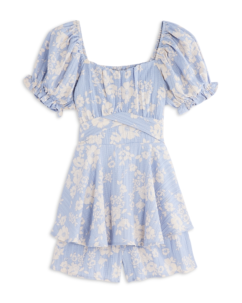 Charmed Hearts Girls' Floral Jacquard Romper - Big Kid In Denim/ivory