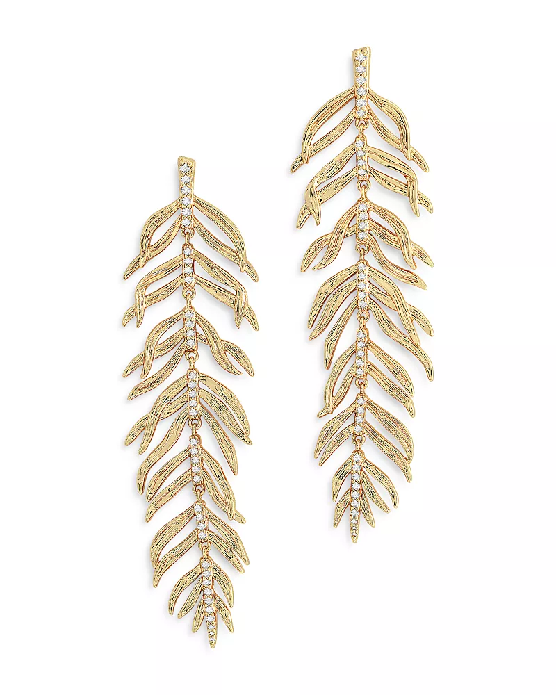 Anabel Aram Pave Palm Leaf Linear Drop Earrings in 18K Gold Plated