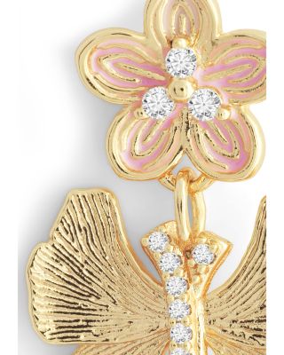Pav&eacute; Butterfly & Flower Drop Earrings in 18K Gold Plated