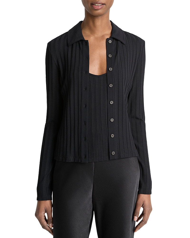 Vince Long-sleeve Ribbed Button-front Top In Black