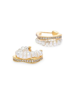Cultured Freshwater Pearl & Cubic Zirconia Double Hoop Earrings in Gold Tone - Exclusive