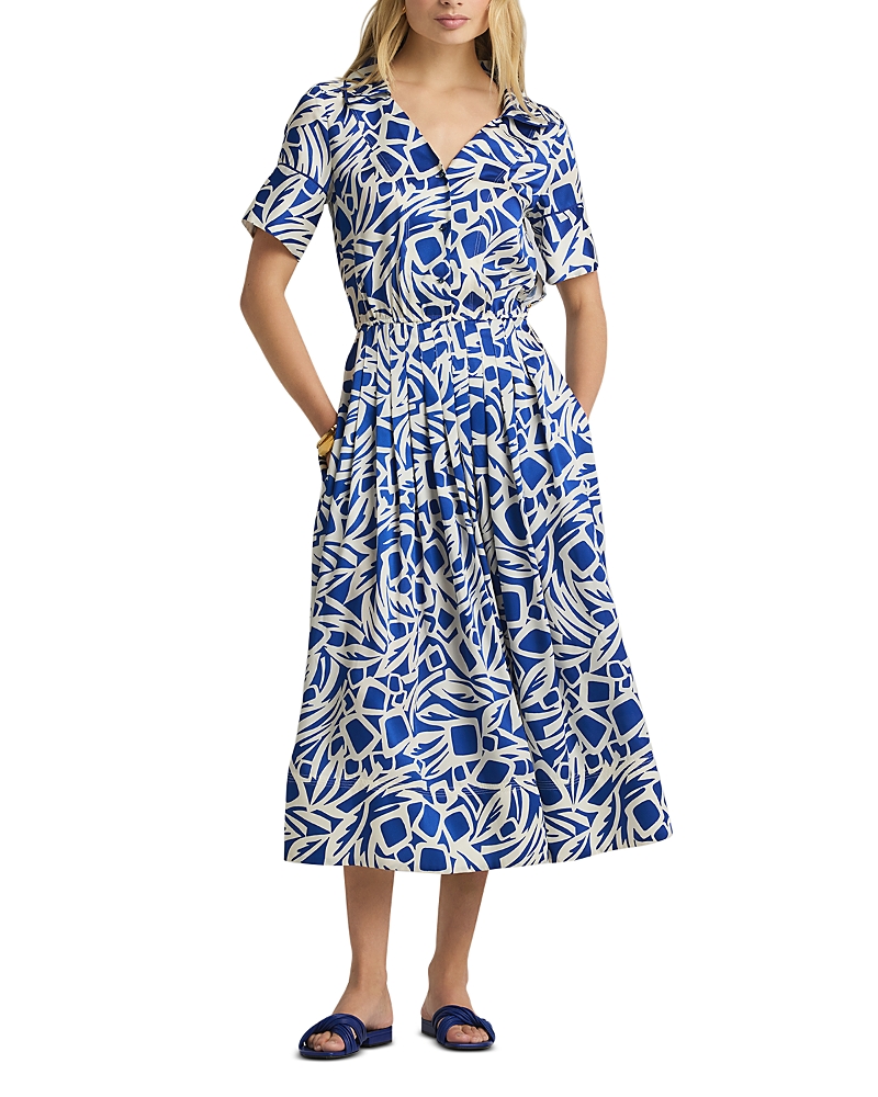 St John St. John Collection Vintage Botanical Cutout Short Sleeve Midi Dress In Blue