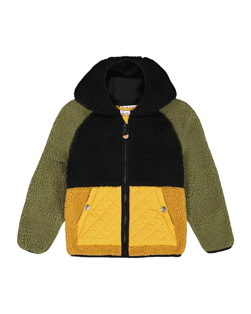 Deux Par Deux Boys' Sherpa Mid-season Colorblock Jacket - Little Kid In Black/tan/and Olive Green
