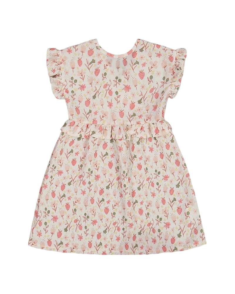 Deux Par Deux Girls' Printed Seersucker Dress With Frill Flowers On Background - Little Kid In Pink Flowers On Cream Background