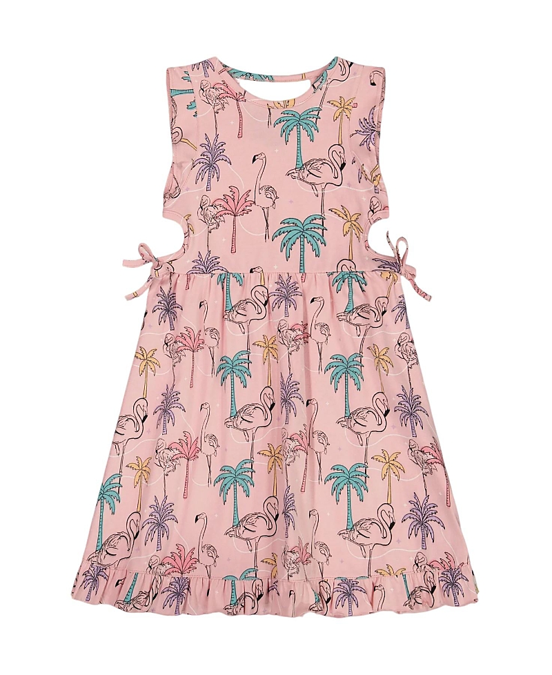 Deux Par Deux Girl's Printed Organic Cotton Dress With Cut Outs Palm Trees, Pink Flamingo, And Turqu In Pink/turquoise