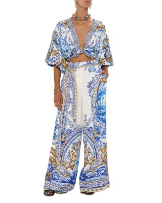 Camilla - Tie Front Top & Scarf Belt Wide Leg Pants