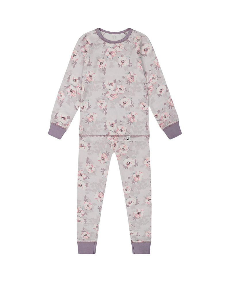 Deux Par Deux Girls' Printed Organic Cotton Long Sleeve Top And Pant Pajama Set - Baby In Pale Pink Flowers On Neutral Lilac