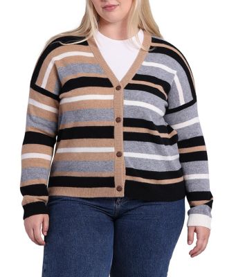 Plus Size Cashmere Mixed Stripe Cardigan