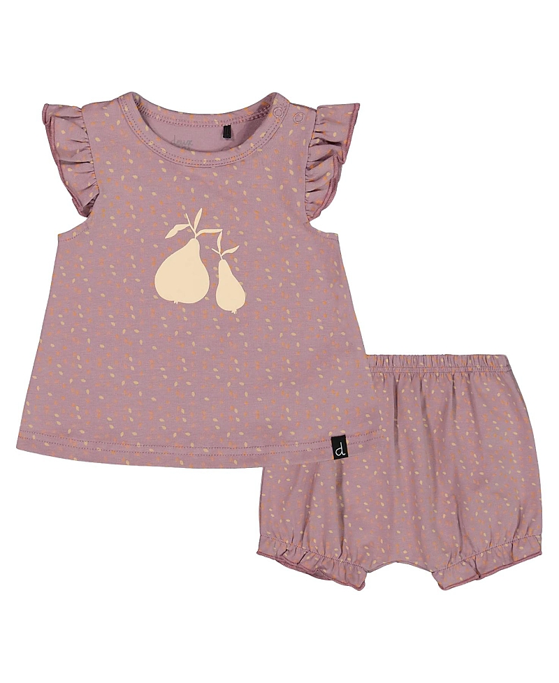 Deux Par Deux Girls' Printed Organic Cotton Top And Bloomer Set - Baby In Purple With Pear Seeds
