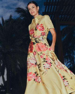 Bold Floral Border Print Shirt Waist Midi Dress
