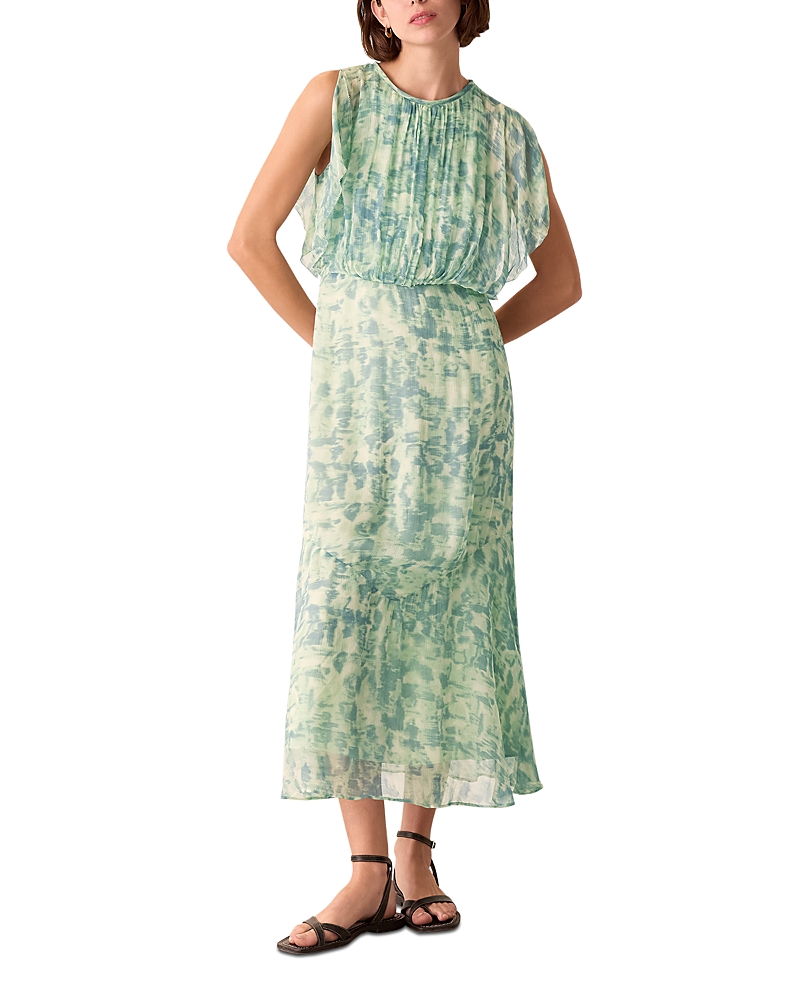 Whistles Womens Dashed Brush Marks Gathered Woven Midi Dress Multi-coloured In Green Multi