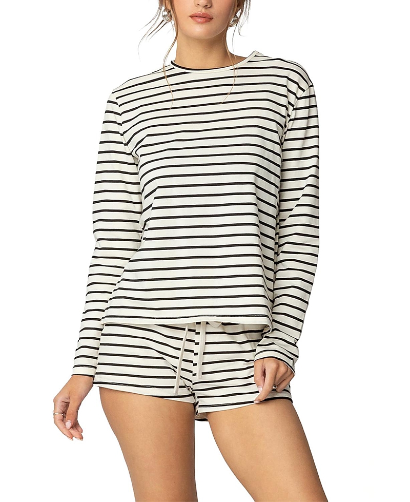 Shop Edikted Jordyn Striped Long Sleeve T Shirt In Cream