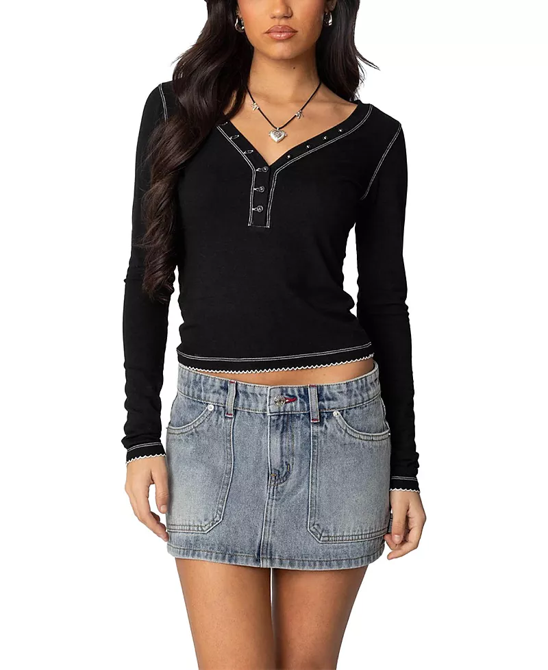 Edikted Yael Contrast Stitch Henley Top