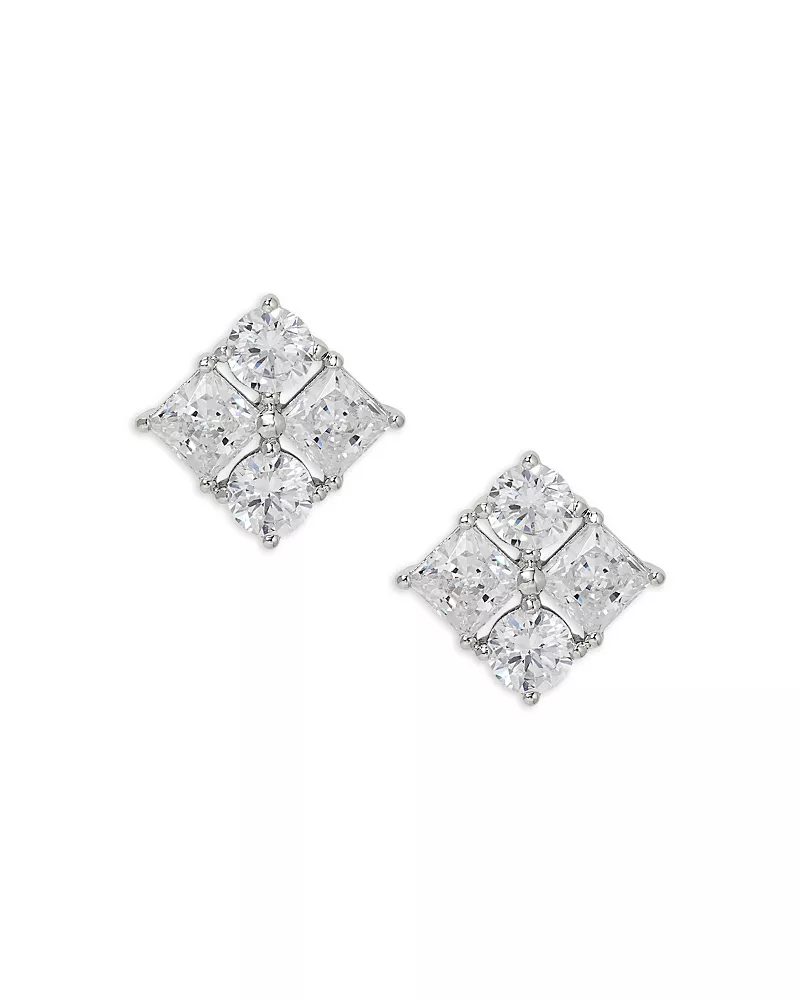 Nadri Cubic Zirconia Cluster Stud Earrings in Rhodium Plated