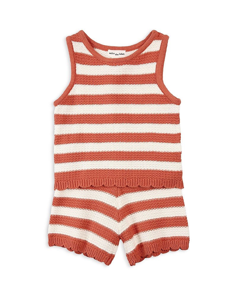Miles The Label Girls' Striped Crochet Knit Top & Shorts Set - Baby In Coral