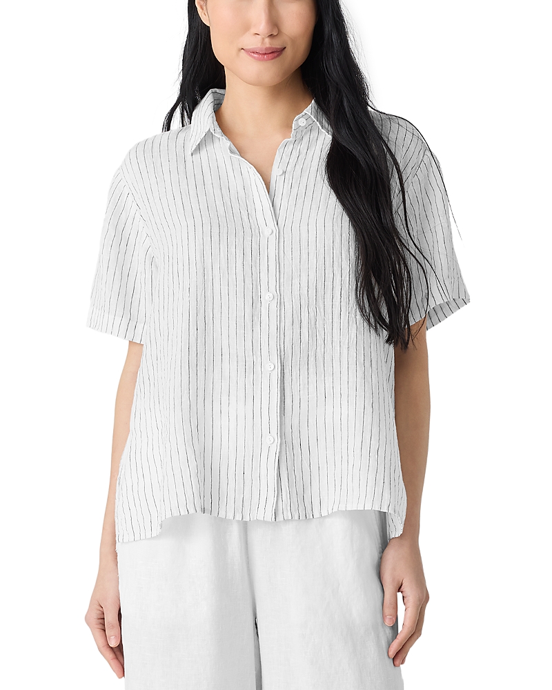Eileen Fisher Puckered Linen Striped Short Sleeve Shirt