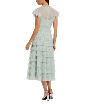 Mesh Micro Ruffle High Neck Cap Sleeve Midi Dress