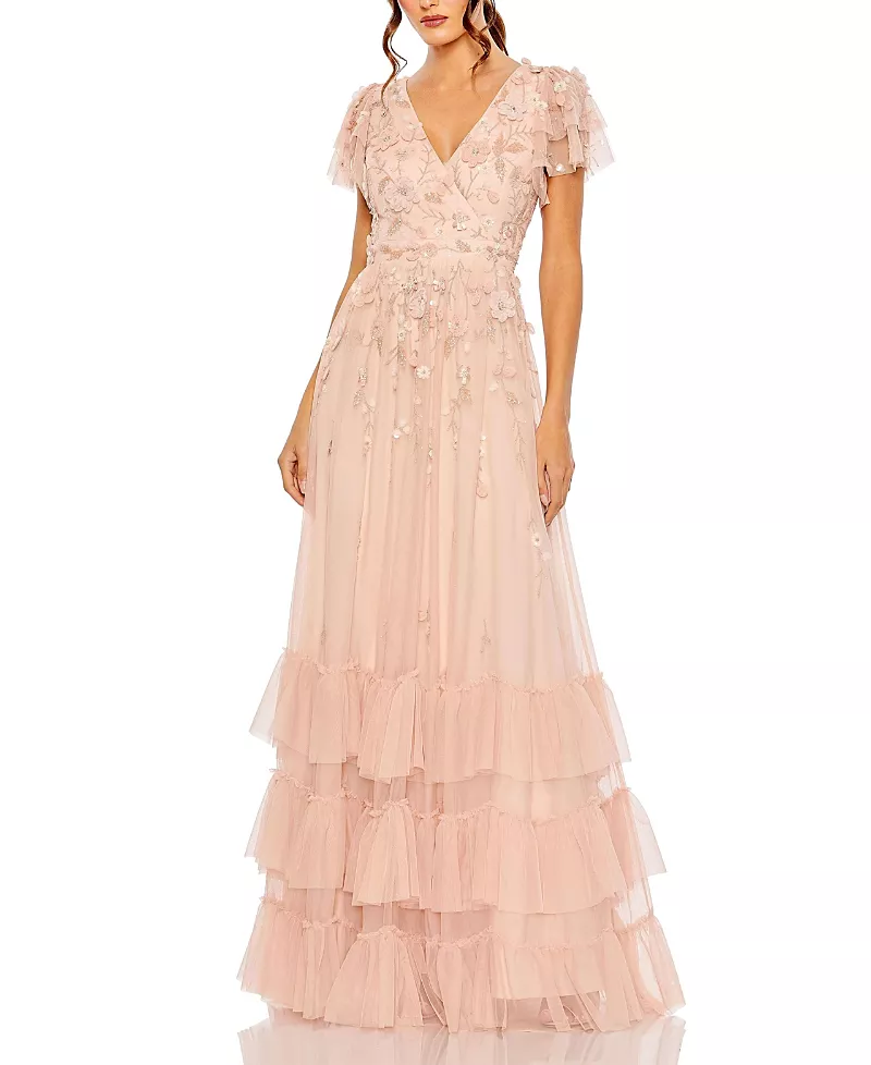 Mac Duggal Ruffle Tiered Embellished Faux Wrap Flutter Sleeve