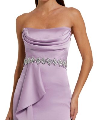 Strapless Satin Gown with Embellished Belt Detail