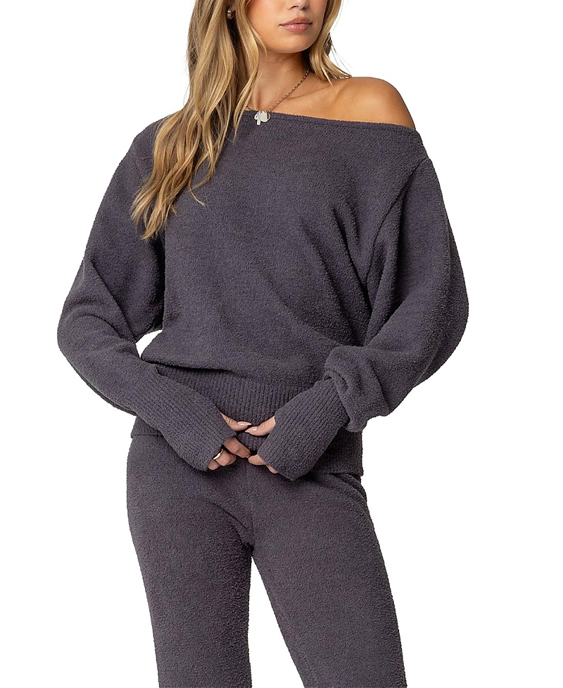 Edikted Plush Oversized Asymmetric Sweater In Dark-gray
