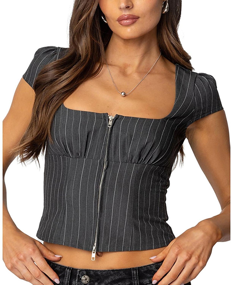 EDIKTED KENI PINSTRIPE ZIP UP TOP