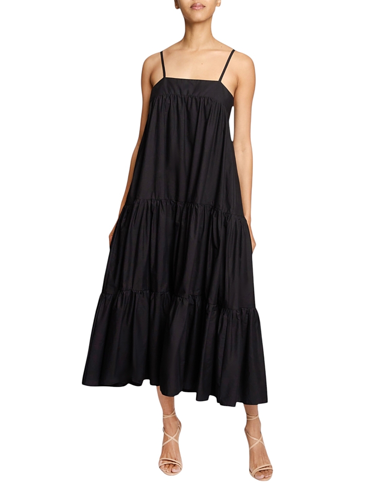 Santorelli Itzel Sleeveless Multi-tier Midi Dress With Shoulder Straps And Side Pockets In Cotton Poplin In Black