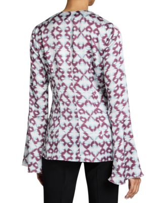SYDNEY Long Sleeve Button Down Blouse with Ruffles in Graphic Printed Charmeuse