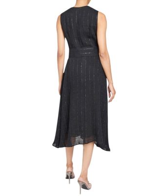NIA Sleeveless Midi Dress with Asymmetric Hemline and Button Details in Metallic Striped Linen