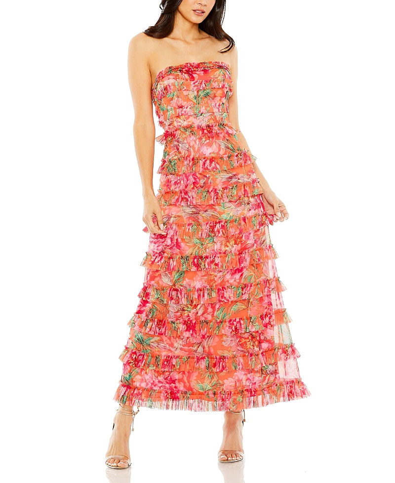 Mac Duggal Strapless Micro Ruffle Dress In Orange Multi