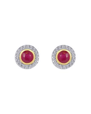 Moon & Meadow - 14K Yellow Gold Emerald, Blue Sapphire, Ruby & Diamond Halo Stud Earrings