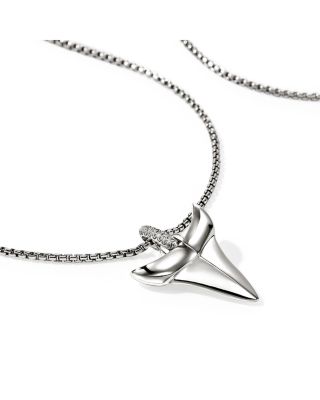 Men's Sterling Silver Modern Talisman Diamond Shark Tooth Pendant Necklace, 22"