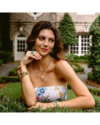 Villandry Dyed Jade & Mother Of Pearl Fleur Vine Bangle Bracelet in 18K Gold Plated