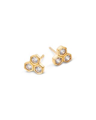 Diamond Hexagon Trio Bezel Stud Earrings in 14K Yellow Gold, 0.5 tcw