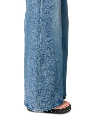 Embroidered High Rise Flared Jeans in Blue