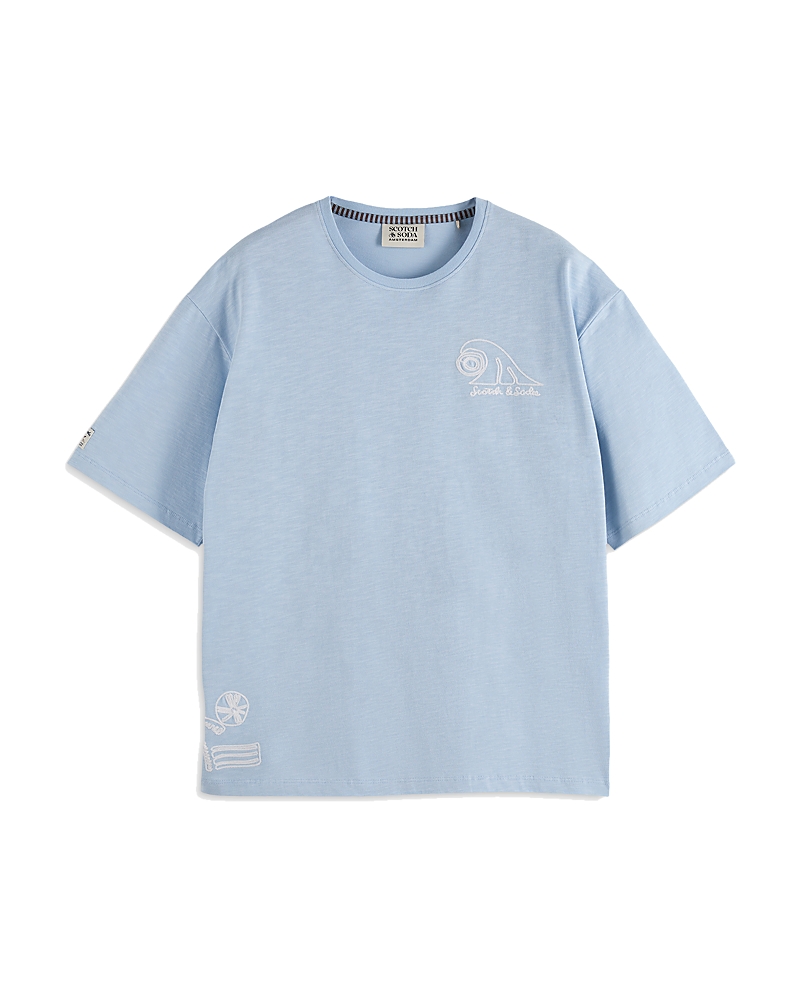 Scotch & Soda Loose Fit Slub Embroidery Tee In Sky Blue