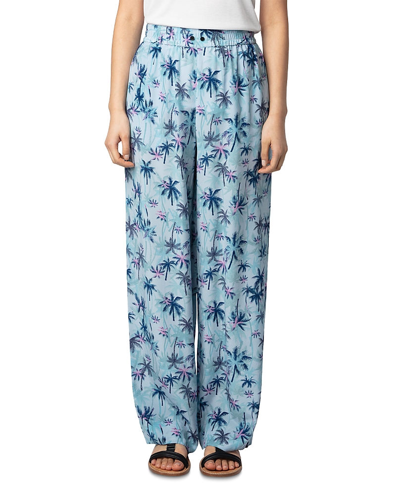 Zadig & Voltaire Pin Sunset Palm Mist Print Silk Pants In Mist