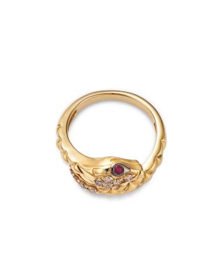 Champagne Diamond & Ruby Textured Snake Ring in 14K Yellow Gold