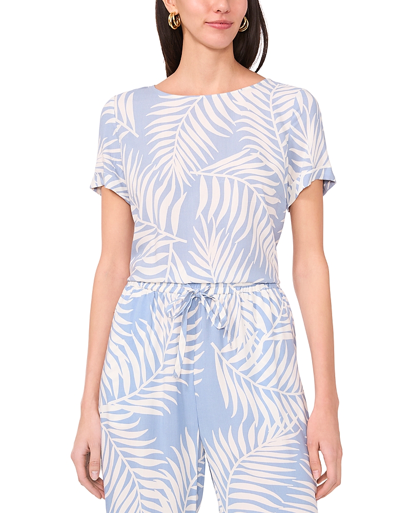 Vince Camuto Palm Print Rolled Cuff Top In Lake Breeze