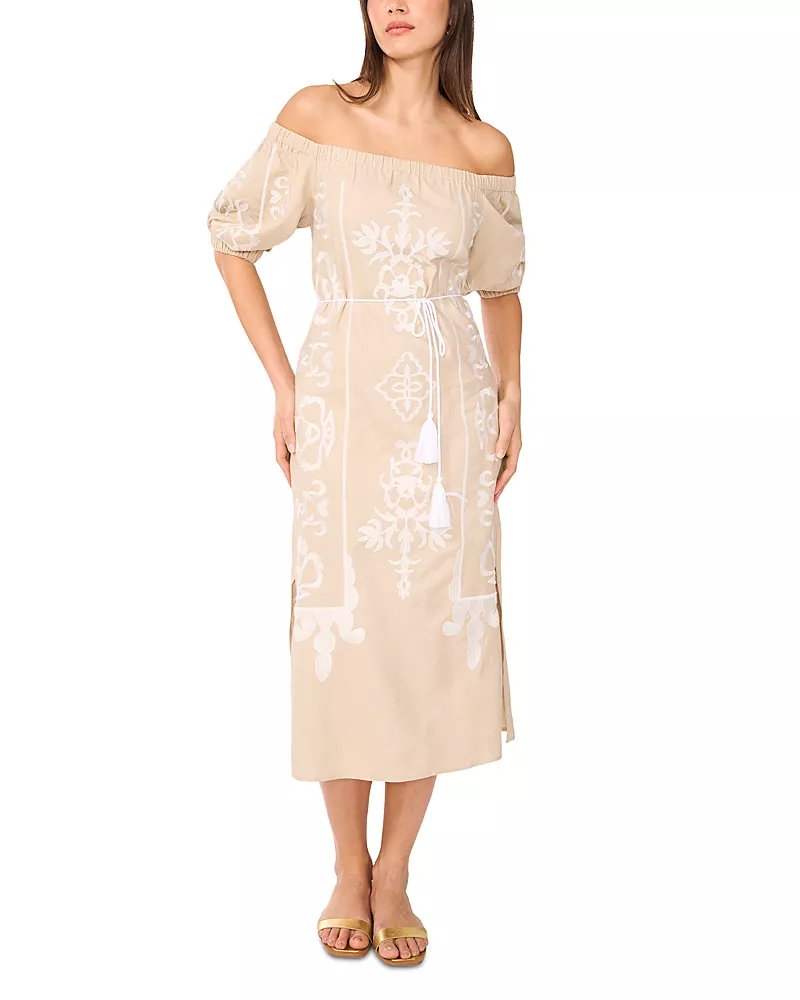 Vince Camuto Off The Shoulder Tassel Tie Midi Dress