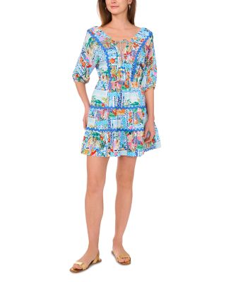 Printed Tie Front Three Tier Mini Dress