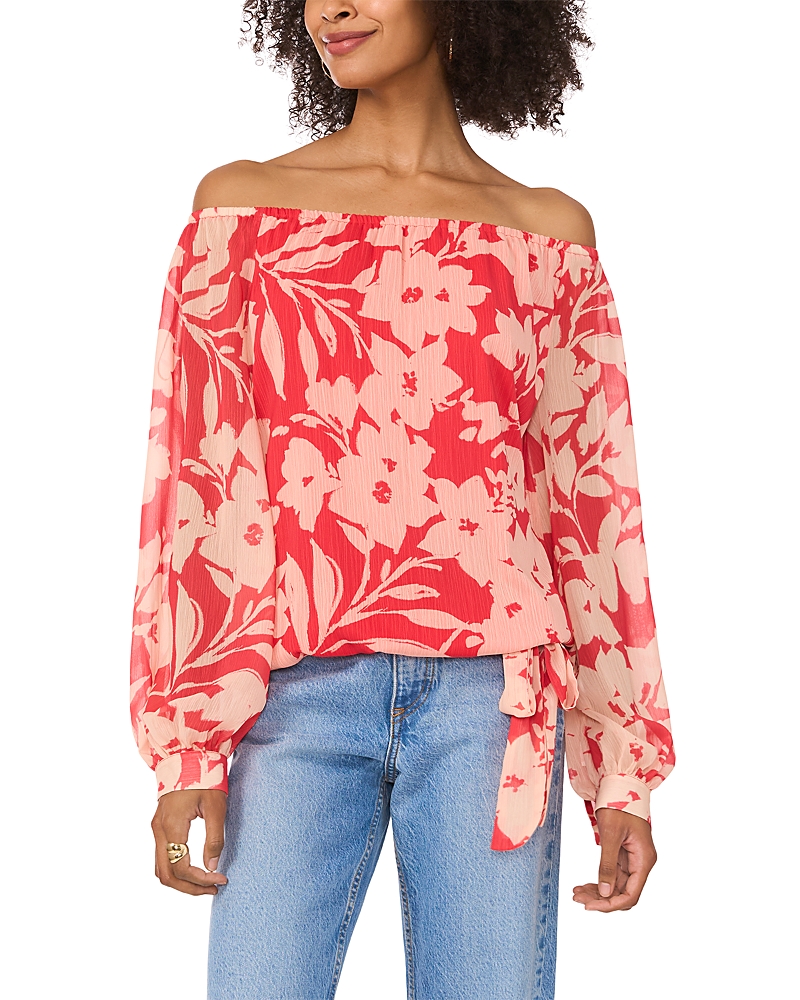 Vince Camuto Floral Off The Shoulder Tie Hem Top In Cayenne
