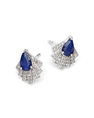 Blue Sapphire & Diamond Pear Stud Earrings in 14K White Gold