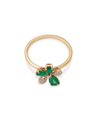 Emerald & Diamond Flower Ring in 14K Yellow Gold